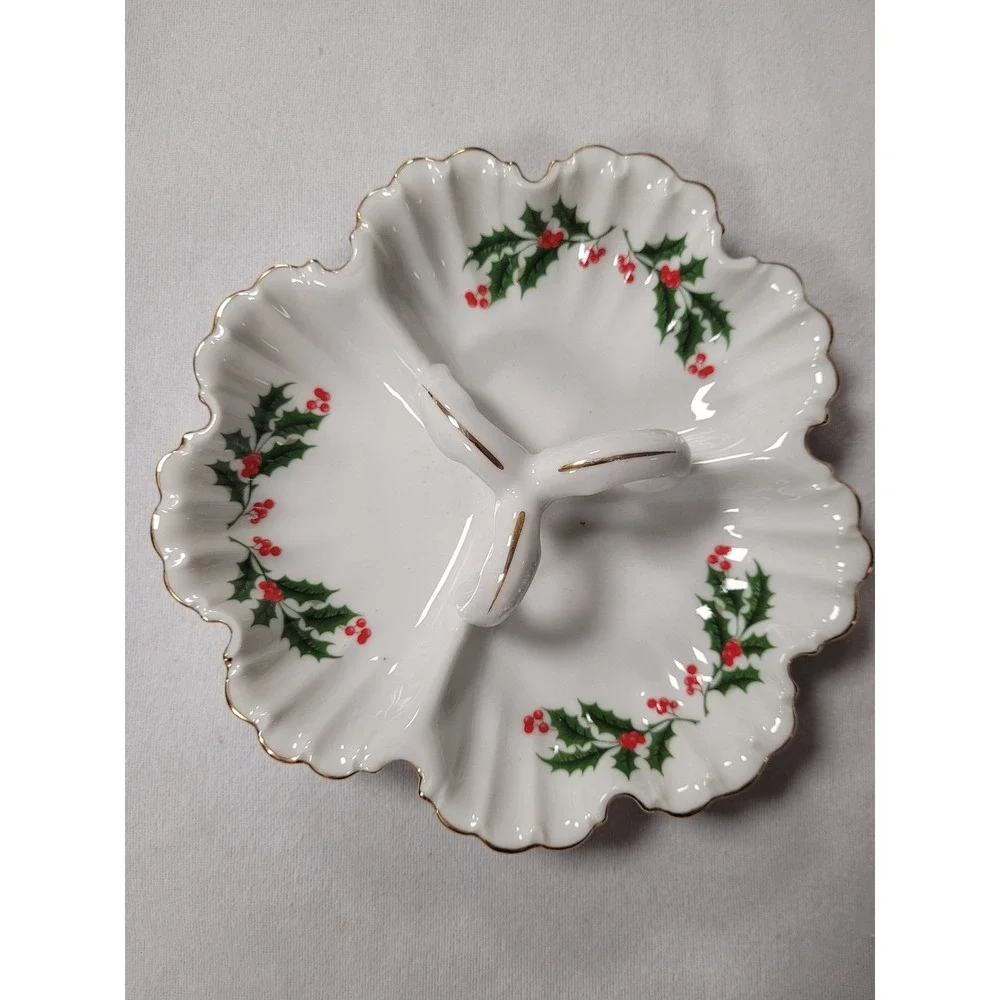 Vintage Holly Porcelain Divided Candy/Nut Holiday Dish‎ Gold Trim